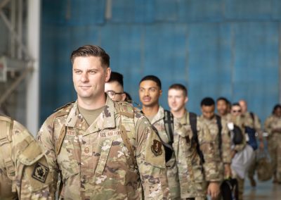 Members of Task Force Liberty conduct movement to their departing plane ahead of their mission in the National Capital Region, June 12, 2025, at Thompson Field Air National Guard Base. The task force, which includes Soldiers from the 112th MP Battalion and Airmen from the 172nd Airlift Wing and 186th Air Refueling Wing of the Mississippi Air National Guard, will support the U.S. Secret Service and U.S. Park Police during the Army’s 250th birthday festivities. (U.S. Army National Guard photo by 1st Lt. Jarvis Mace)