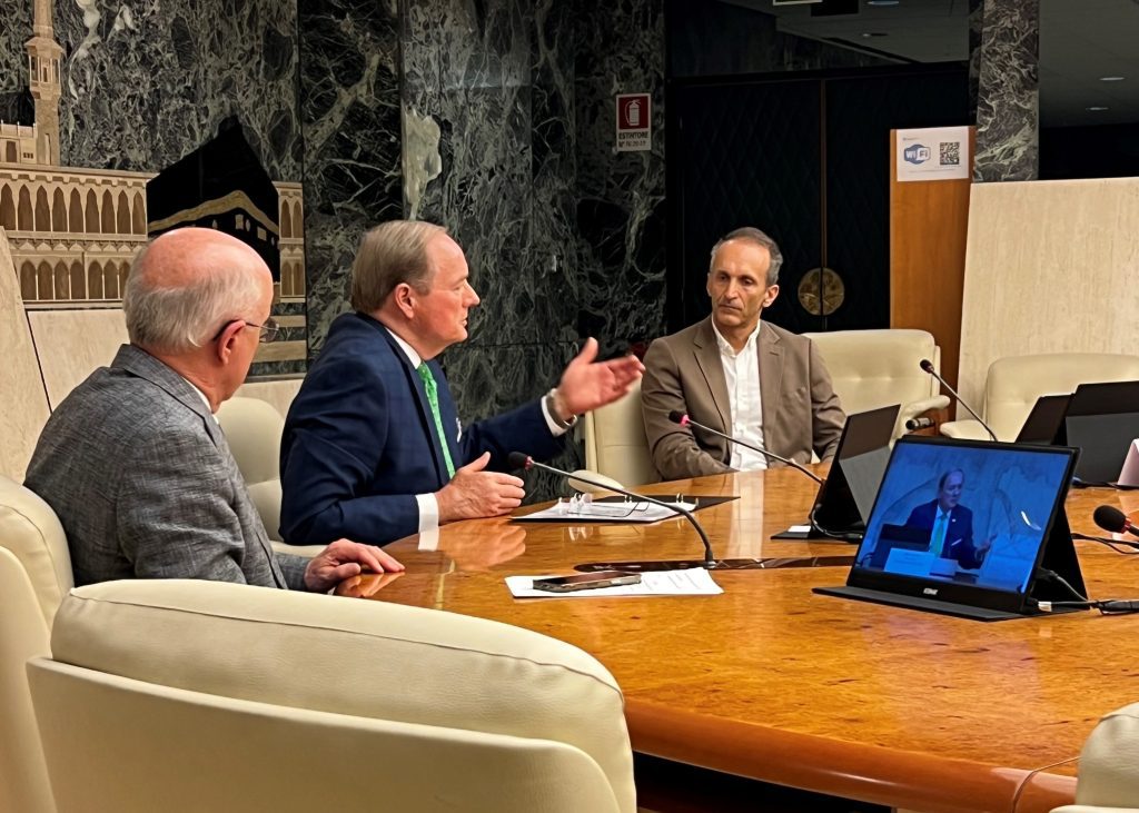 Mississippi State University President Mark E. Keenum, center, speaks today [June 25] during a panel and webinar hosted in Rome, Italy, by the United Nations Food and Agriculture Organization. The special event highlighted the innovative partnerships between MSU and the FAO to utilize artificial intelligence, high-performance computing and data science to enhance agrifood systems. The discussion included MSU Provost and Executive Vice President David Shaw, left, and the FAO's Vincent Martin, director, Office of Innovation. (Photo submitted)