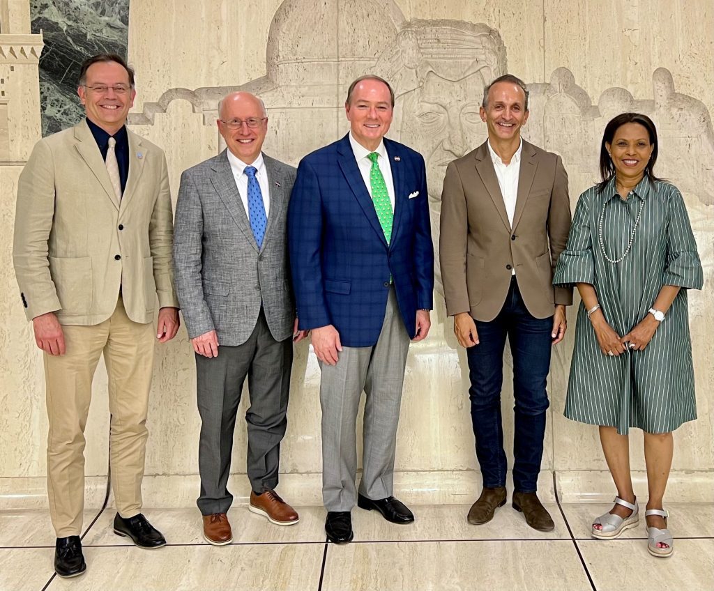 Mississippi State University President Mark E. Keenum (third from left) and MSU Provost and Executive Vice President David Shaw (second from left) visited with Manuel Barange, FAO Assistant Director General, Director of Fisheries and Aquaculture (left); Vincent Martin, FAO Director of Innovation; and Fatouma Seid, FAO Deputy Director of Partnerships and UN Collaborations Division, at FAO headquarters in Rome, Italy today. MSU and FAO have a longstanding and highly successful partnership to address the challenges of global food security and poverty. (Photo submitted)