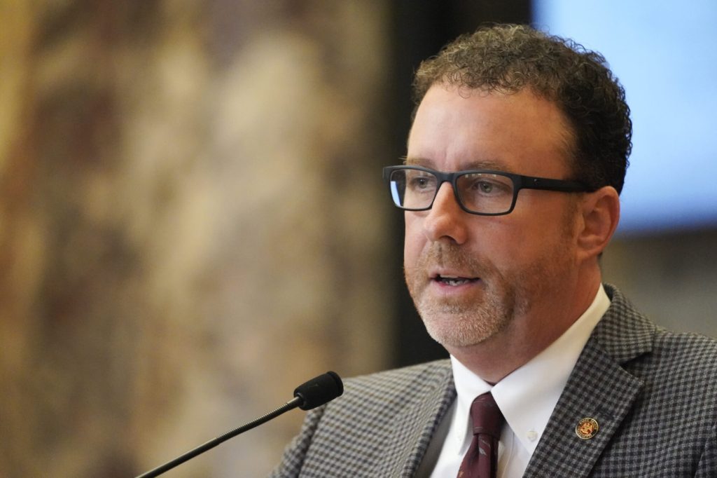 FILE - Mississippi state Sen. David Parker, R-Olive Branch, speaks during a debate at the state Capitol on Feb. 7, 2023, in Jackson, Miss. On Thursday, Jan. 11, 2024, Republican Lt. Gov. Delbert Hosemann named Parker as the new chairman of the Senate Accountability, Efficiency and Transparency Committee, which will give Parker influence over creating a new initiative process for Mississippi. (AP Photo/Rogelio V. Solis, File)