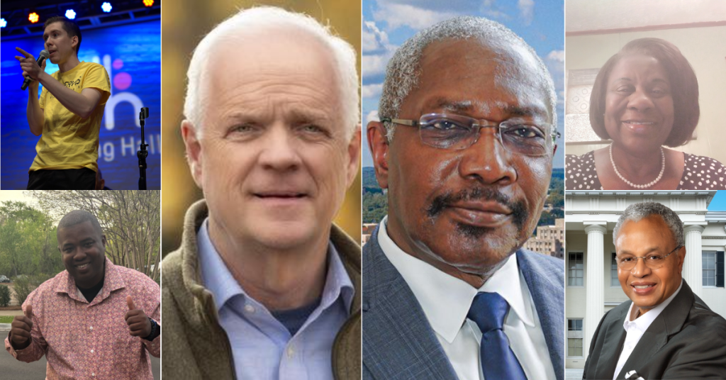 Independent Zach Servis (top left), Republican Kenny Gee (bottom left), Independent Rodney DePriest (center left), Democrat John Horhn (center right), Independent Lillie Robinson (top right), Independent Kim Wade (bottom right) - Photo taken from candidates' social media