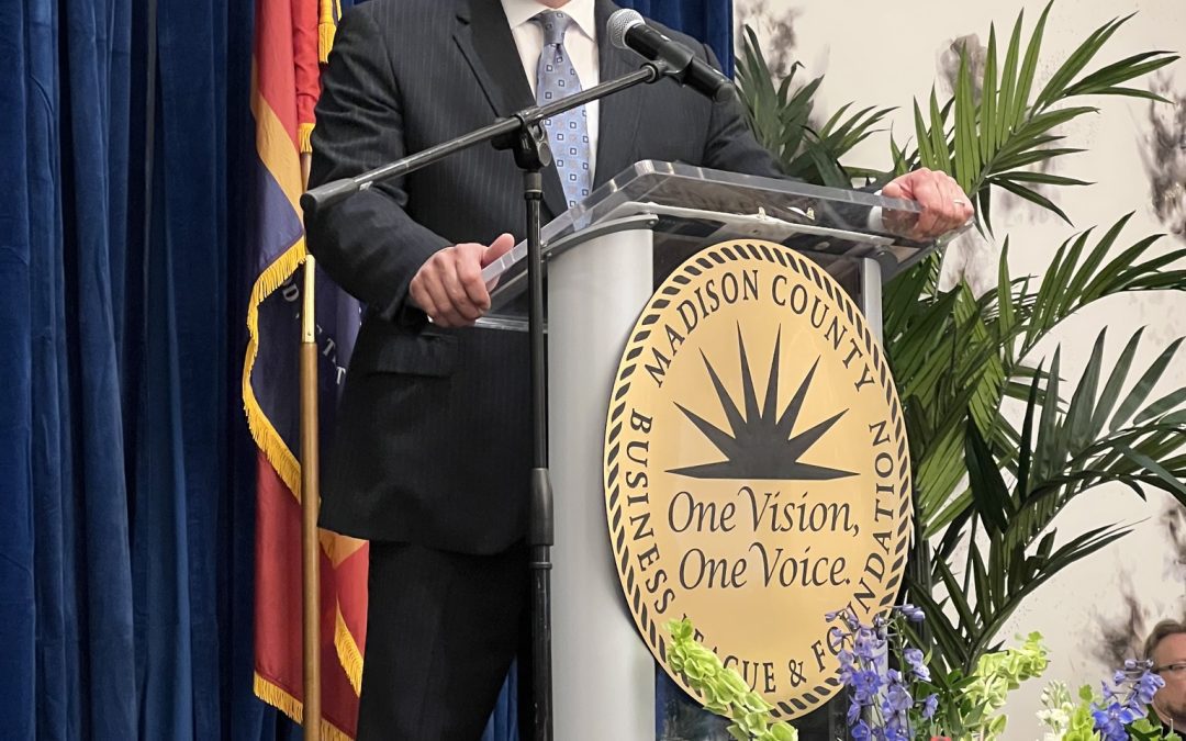 Speaker Jason White addresses the Madison County Business League in March 2025 (Photo from White's Facebook)