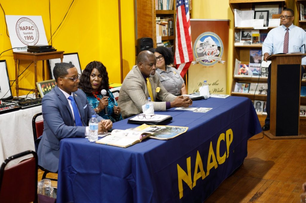 Participants in the panel discussion on Medgar Evers included, from left, Dr. Marcus Ward, Dr. Shirley Evers-Manly, Dr. Tracy M. Cook, and Olivia Spann. Dr. Roscoe Barnes III served as moderator.Photo by KD-Public Relations