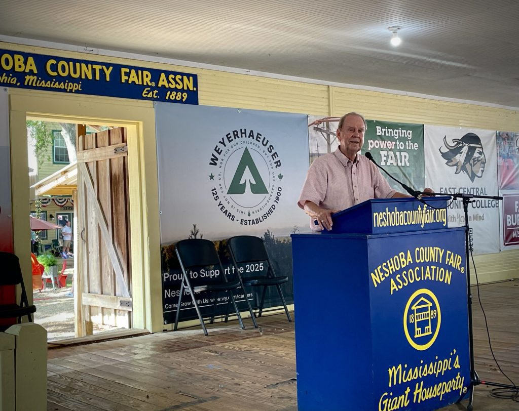 Insurance Commissioner Mike Chaney speaks at the 2025 Neshoba County Fair (Photo by Frank Corder)