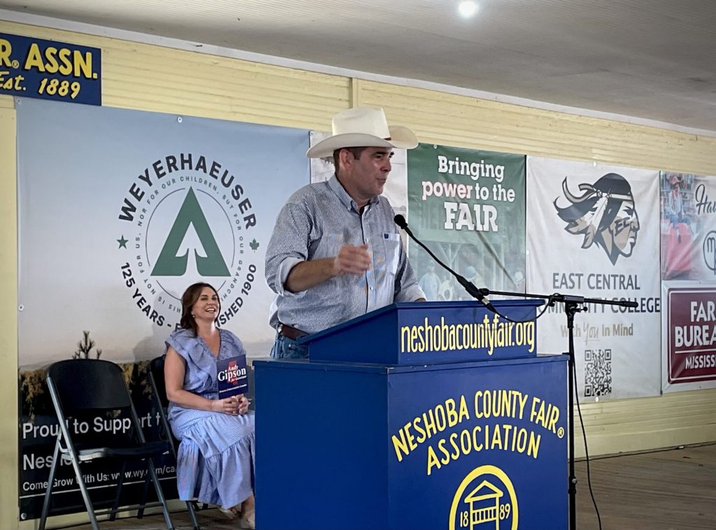 Ag Commissioner Andy Gipson speaks at the 2025 Neshoba County Fair (Photo by Frank Corder)