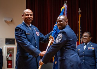 Chief Master Sgt. Kevin Myers assumes responsibility as the state command chief from Maj. Gen. Edward Evans, Assistant Adjutant General and Commander of the Mississippi Air National Guard, during a Change of Responsibility at Joint Force Headquarters, Jackson, Mississippi, Aug. 1, 2025. Myers previously served as the senior enlisted leader for the 172nd Mission Support Group and as the Chief Enlisted Manager at Joint Force Headquarters, Florida Air National Guard. (U.S. Air National Guard photo by Airman 1st Class Dawson Carter)