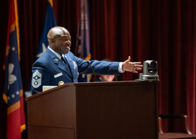 Chief Master Sgt. Kevin Myers addresses the audience during the state command chief Change of Responsibility at Joint Force Headquarters, Jackson, Mississippi, Aug. 1, 2025. Myers previously served as the senior enlisted leader for the 172nd Mission Support Group and as the Chief Enlisted Manager at Joint Force Headquarters, Florida Air National Guard. (U.S. Air National Guard photo by Airman 1st Class Dawson Carter)
