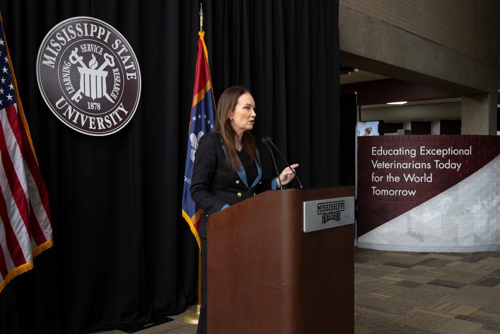 U.S. Secretary of Agriculture Brooke Rollins outlines strategies to combat the nationwide shortage of rural veterinarians, an issue with direct connections to food security, farm security and national security, she said, during her Aug. 28 visit to Mississippi State University. (Photo by Beth Wynn)