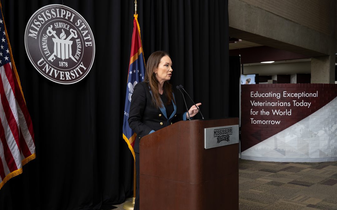 U.S. Secretary of Agriculture Brooke Rollins outlines strategies to combat the nationwide shortage of rural veterinarians, an issue with direct connections to food security, farm security and national security, she said, during her Aug. 28 visit to Mississippi State University. (Photo by Beth Wynn)