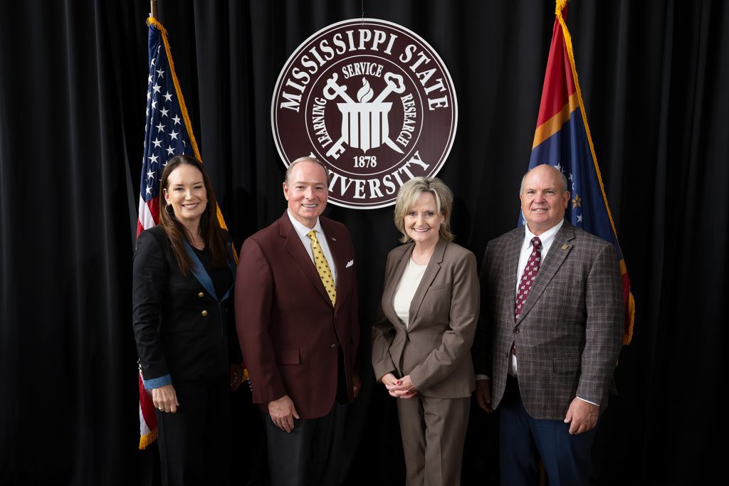 From left, U.S. Secretary of Agriculture Brooke Rollins, Mississippi State University President Mark E. Keenum, U.S. Sen. Cindy Hyde-Smith and Mississippi Farm Bureau Federation President Mike McCormick pictured today [Aug. 28] at MSU’s College of Veterinary Medicine following Rollins’ announcement of a Rural Veterinary Shortage Action Plan. (Photo by Beth Wynn)