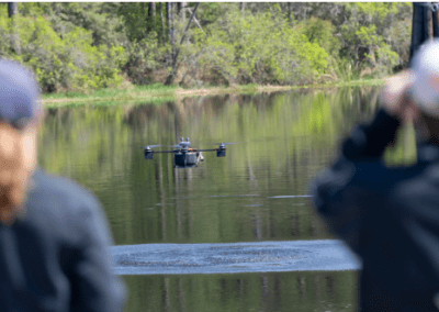 Field Test: US Naval Research Laboratory personnel conduct an experiment involving and unmanned aerial system at NASA Stennis in March 2024. (Photo by: NASA/Danny Nowlin)