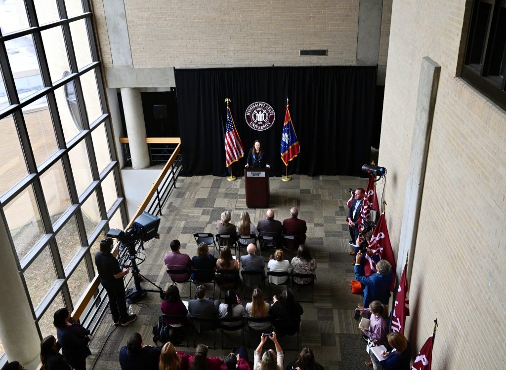 U.S. Secretary of Agriculture Brooke Rollins is pictured during her Aug. 28 visit to Mississippi State University while holding a press conference at MSU’s College of Veterinary Medicine. (Photo by Emily Grace McCall)