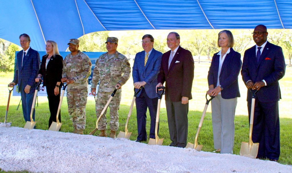 MSU, state, military and local officials celebrate the groundbreaking of the Mississippi Cyber and Technology Center in Biloxi. Pictured, from left, are Biloxi Mayor Andrew “FoFo” Gillich, U.S. Air Force Civil Engineering Center’s Tammy O’Neil, 81st Training Wing Commander Col. Christopher Robinson, U.S. Air Force Maj. Gen. Wolfe Davidson, Mississippi Gov. Tate Reeves, MSU President Mark E. Keenum, MSU Vice President for Research and Economic Development Julie Jordan, and Mississippi Power Chairman and CEO Pedro Cherry. (Photo by Mary Morgan Agostinelli)