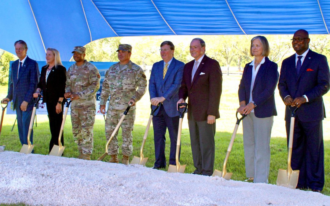 MSU, state, military and local officials celebrate the groundbreaking of the Mississippi Cyber and Technology Center in Biloxi. Pictured, from left, are Biloxi Mayor Andrew “FoFo” Gillich, U.S. Air Force Civil Engineering Center’s Tammy O’Neil, 81st Training Wing Commander Col. Christopher Robinson, U.S. Air Force Maj. Gen. Wolfe Davidson, Mississippi Gov. Tate Reeves, MSU President Mark E. Keenum, MSU Vice President for Research and Economic Development Julie Jordan, and Mississippi Power Chairman and CEO Pedro Cherry. (Photo by Mary Morgan Agostinelli)