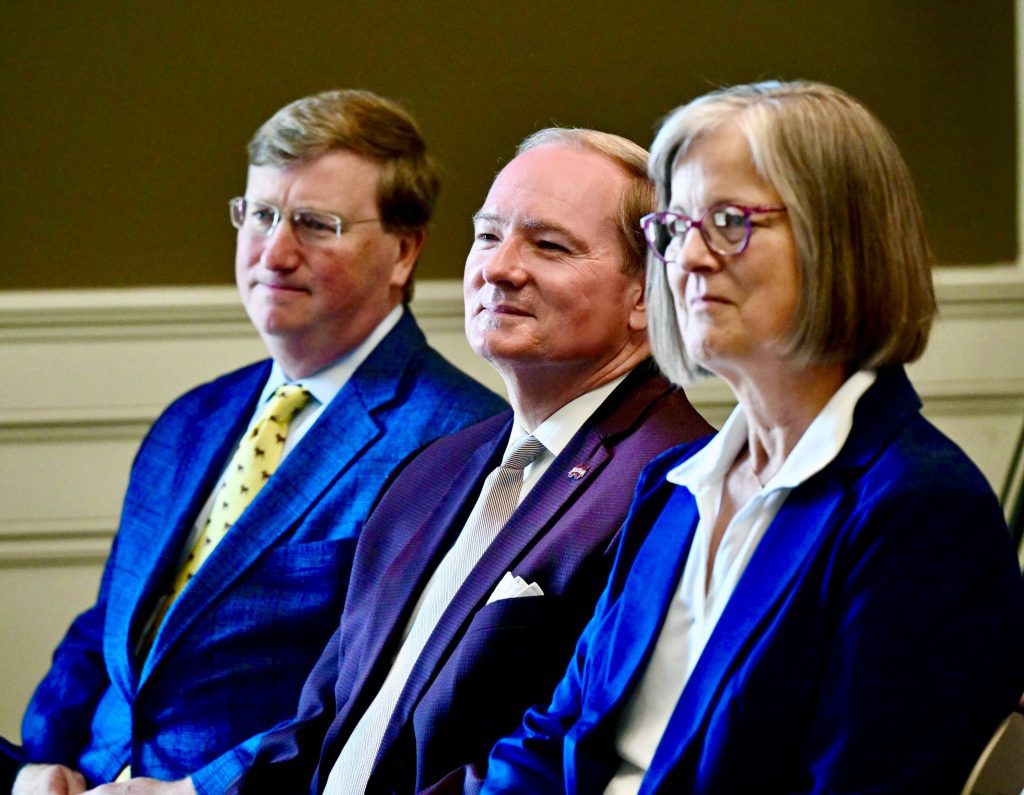 Gov. Tate Reeves, from left, MSU President Mark E. Keenum and MSU Vice President for Research and Economic Development Julie Jordan in Biloxi on Aug. 19. (Photo by Emily Grace McCall)