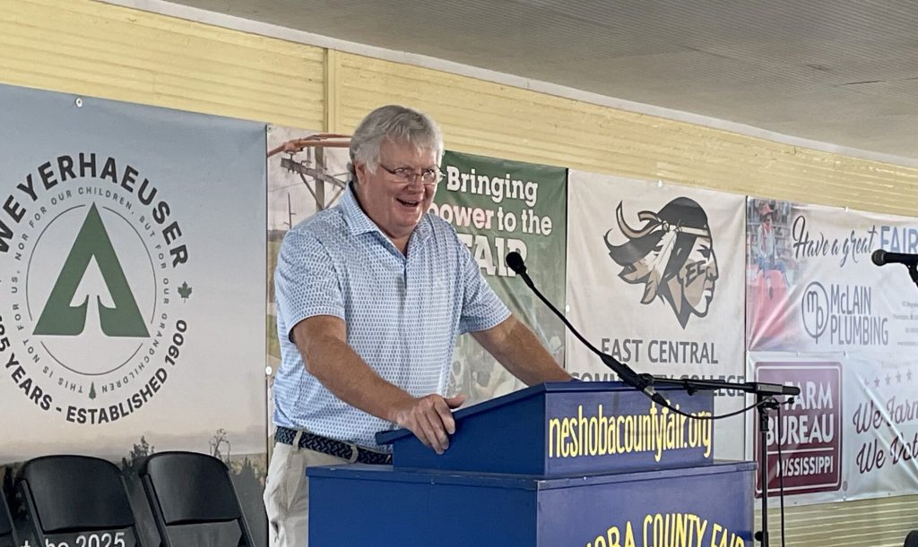 Justice Kenny Griffis speaks at the 2025 Neshoba County Fair (Photo by Frank Corder)
