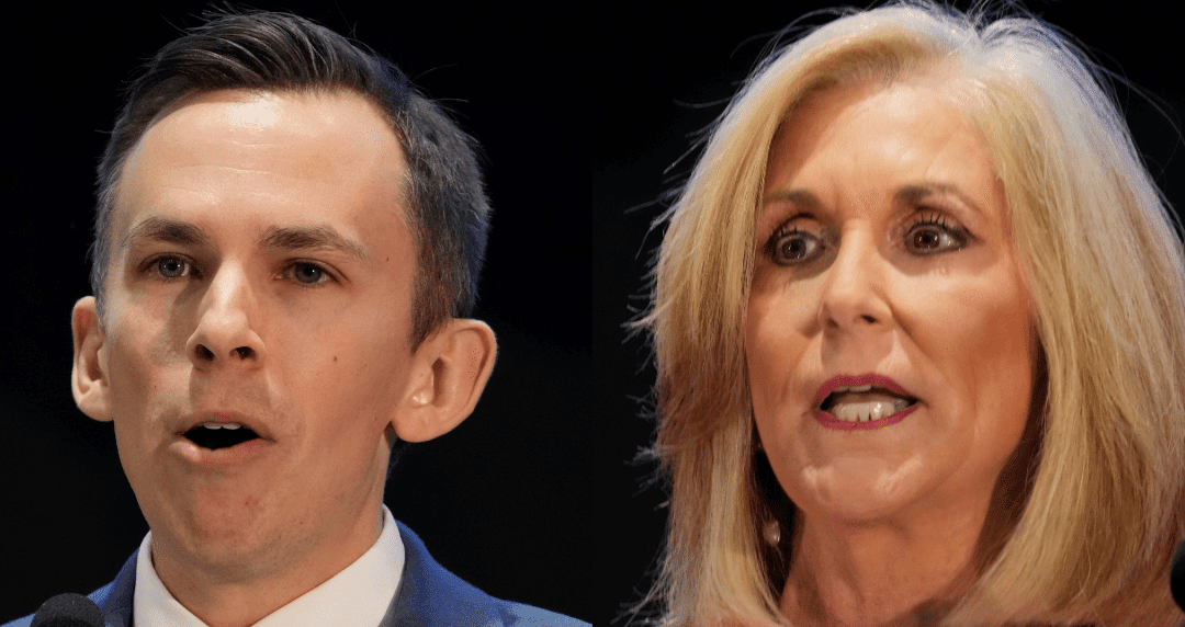 State Auditor Shad White (left) and Attorney General Lynn Fitch (right) speak at the Mississippi Economic Council in Jackson, Miss., Oct. 26, 2023. (AP Photo/Rogelio V. Solis, File)