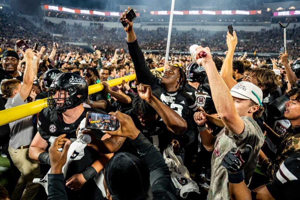 Mississippi State fans storm the field after upsetting Arizona State, Sept. 6, 2025 (Photo from HailStateFB on X)