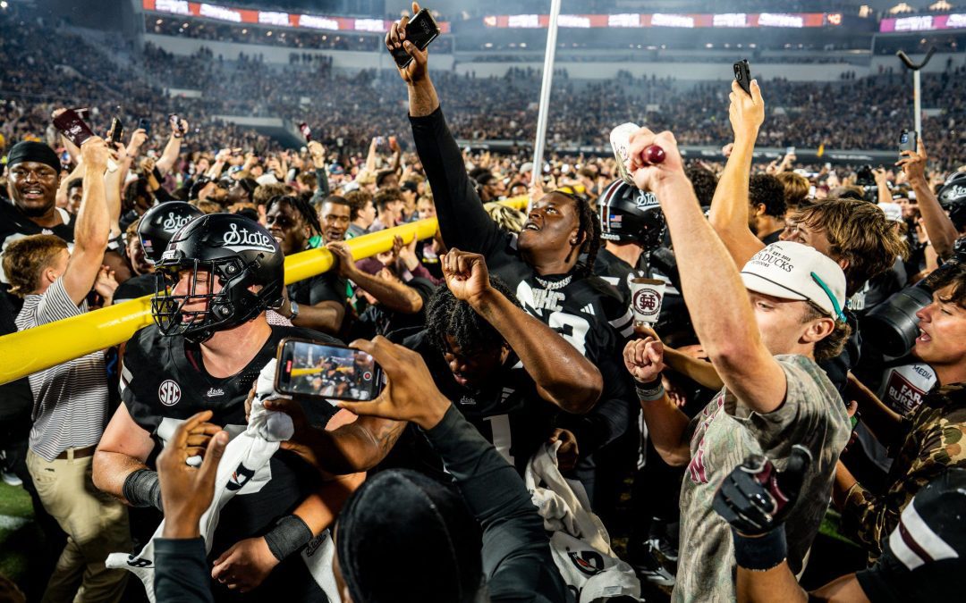 Mississippi State fans storm the field after upsetting Arizona State, Sept. 6, 2025 (Photo from HailStateFB on X)