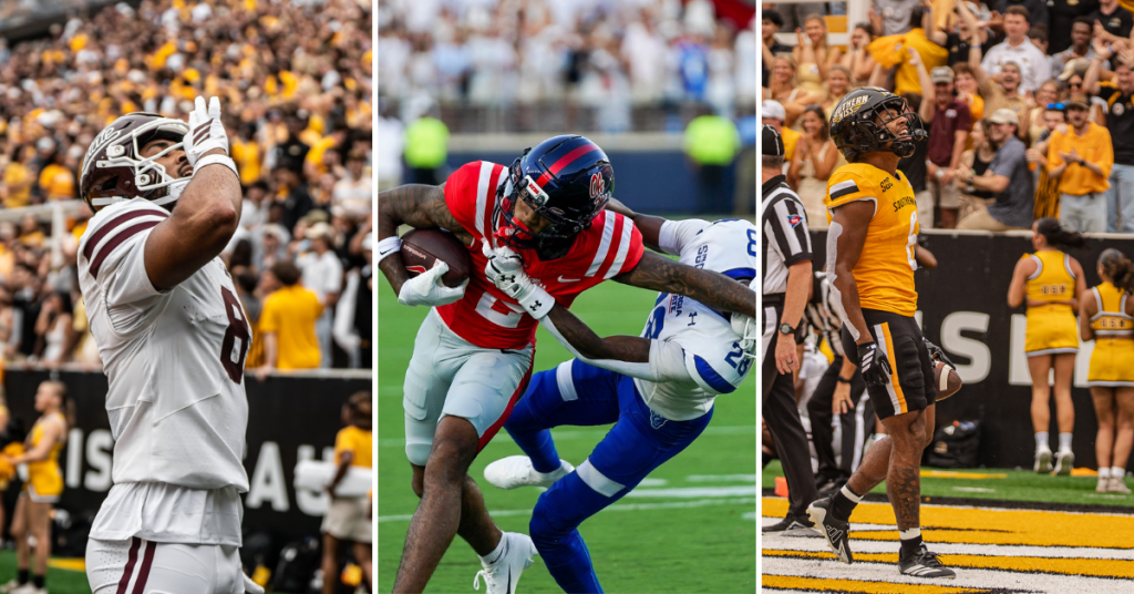 (Photos from HailStateFB, OleMissFB, and SouthernMissFB on X)