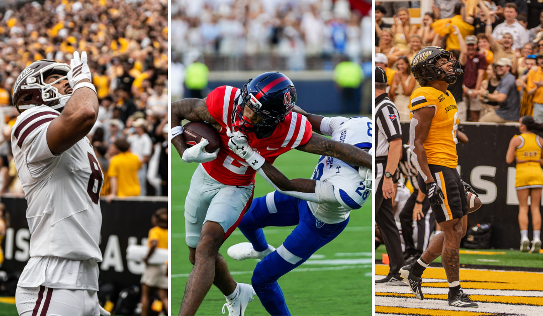(Photos from HailStateFB, OleMissFB, and SouthernMissFB on X)