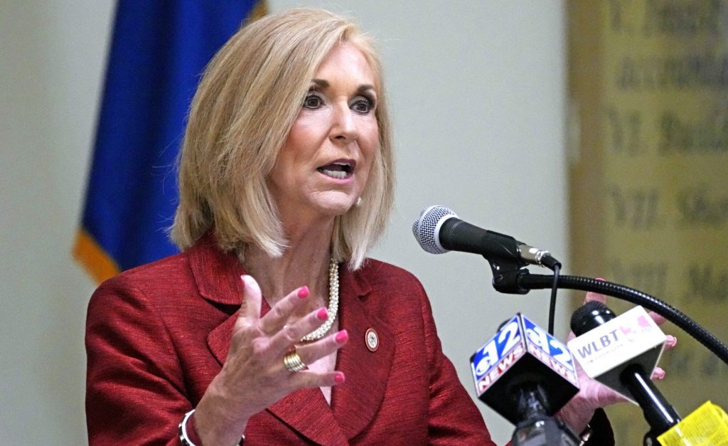 Mississippi Republican Attorney General Lynn Fitch speaks of the duty and service offered by correction officers and staff during an Officers Memorial Service at the Central Mississippi Correctional Facility in Pearl, Miss., Tuesday, May 9, 2023. The ceremony honored the men and women who were killed in the line of duty. (AP Photo/Rogelio V. Solis)