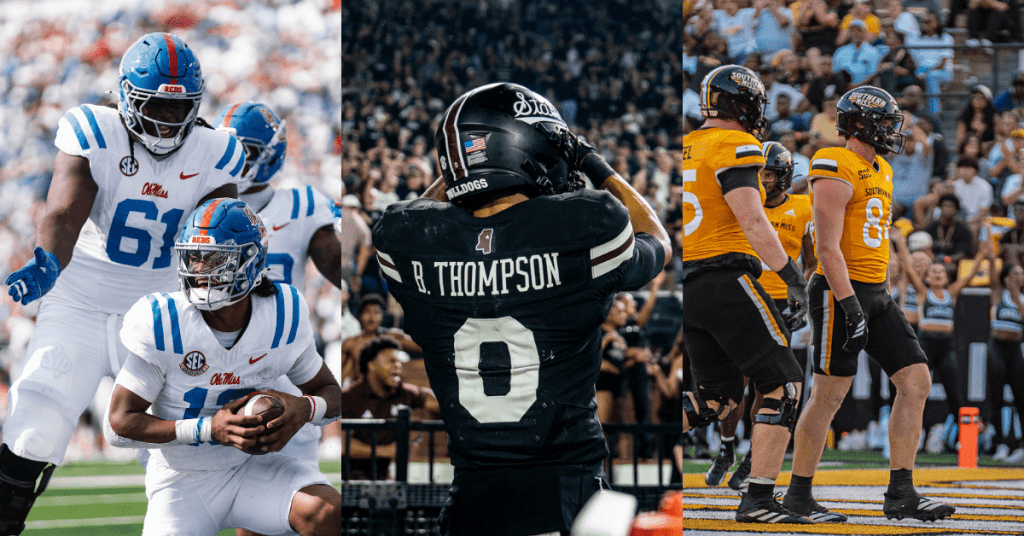 (Photos from HailStateFB, OleMissFB, and SouthernMissFB on X)