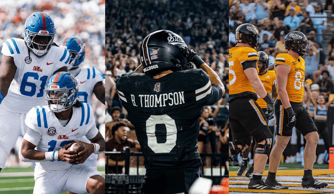 (Photos from HailStateFB, OleMissFB, and SouthernMissFB on X)