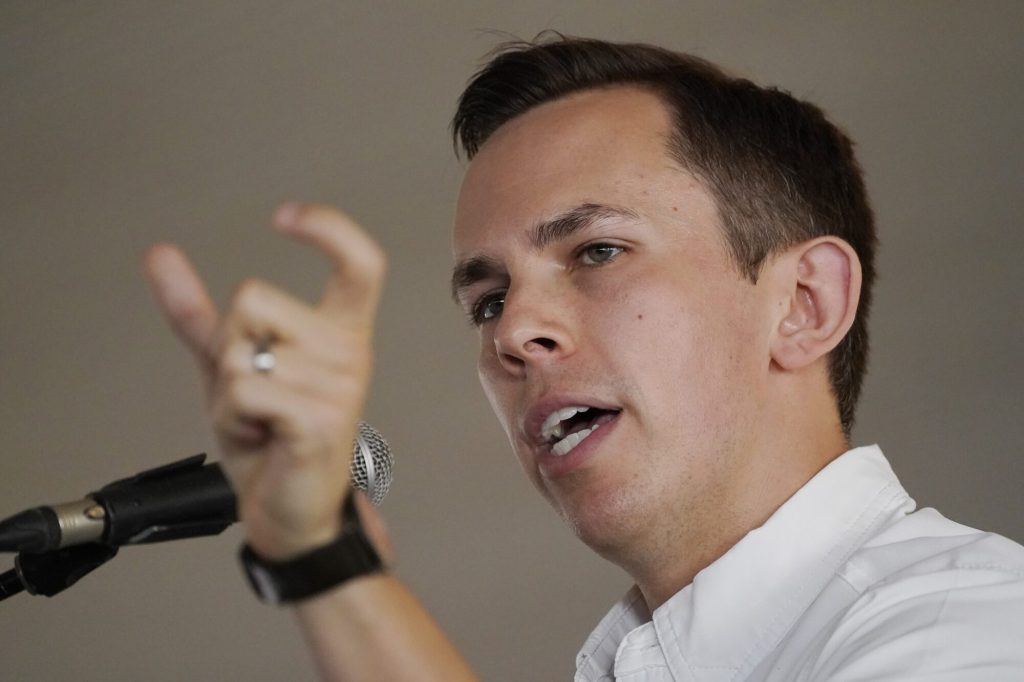 Mississippi State Auditor Shad White speaking at the Neshoba County Fair. (AP Photo/Rogelio V. Solis, File)