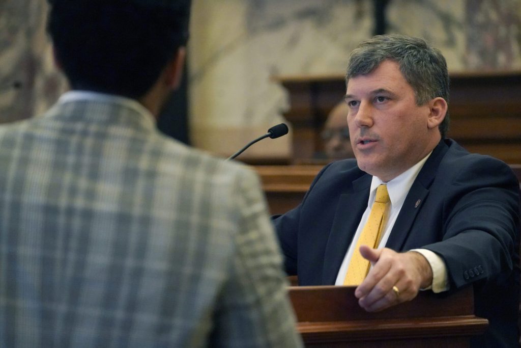 State Sen. Daniel Sparks speaks in the Chamber at the Mississippi Capitol in Jackson, Thursday, March 2, 2023. (AP Photo/Rogelio V. Solis)