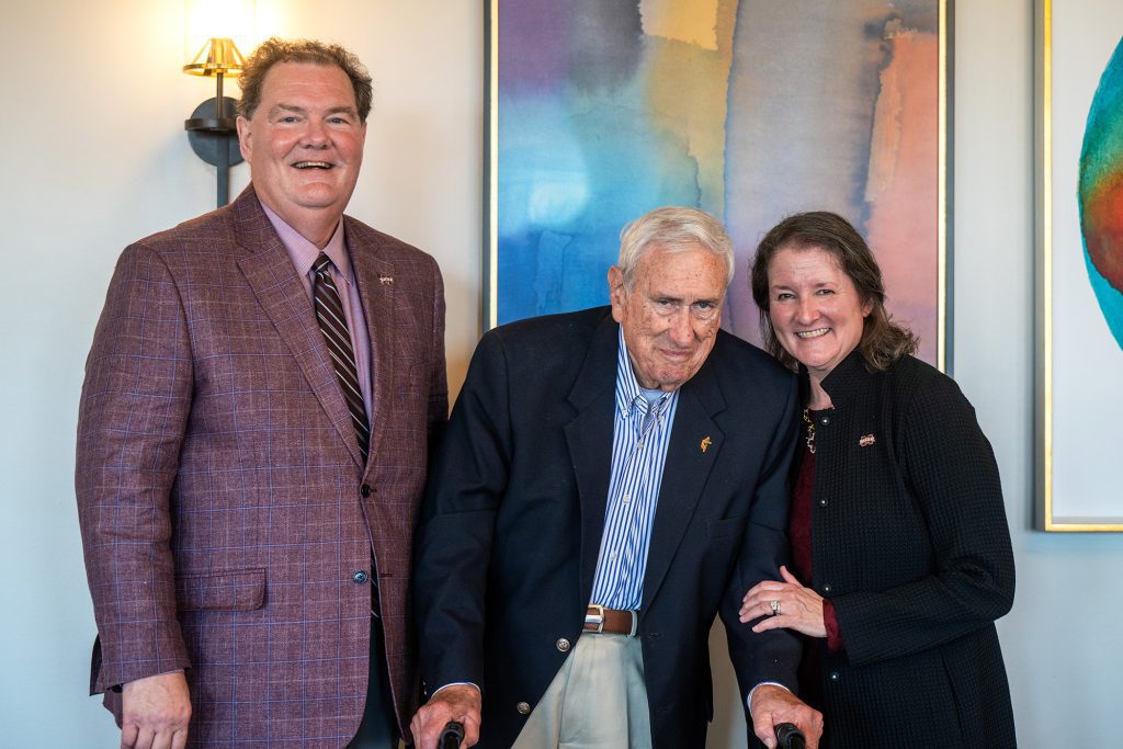 Randy and Nina Cleveland of Fort Worth, Texas, visit with MSU Dean Emeritus of Education and Vice President Emeritus for Student Affairs Roy H. Ruby, center, during a luncheon following the ribbon-cutting ceremony for the Randy J. Cleveland Engineering Student Center. The state-of-the-art facility provides a new central hub for MSU students in the Bagley College of Engineering. (Photo by Emily Grace McCall)