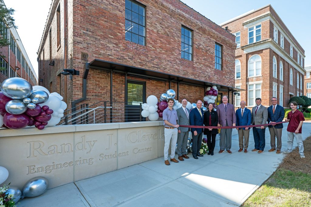 Celebrating Mississippi State’s new Randy J. Cleveland Engineering Student Center are, from left, junior biomedical engineering major Andrew Schroeder of Benton, Arkansas; Bagley College of Engineering Dean David Ford; MSU President Mark E. Keenum; Nina and Randy Cleveland; Provost and Executive Vice President David Shaw; MSU Foundation President and CEO John Rush; Senior Director of Development Bennett Evans and senior civil engineering major Matthew Wubben of Starkville. (Photo by Emily Grace McCall)