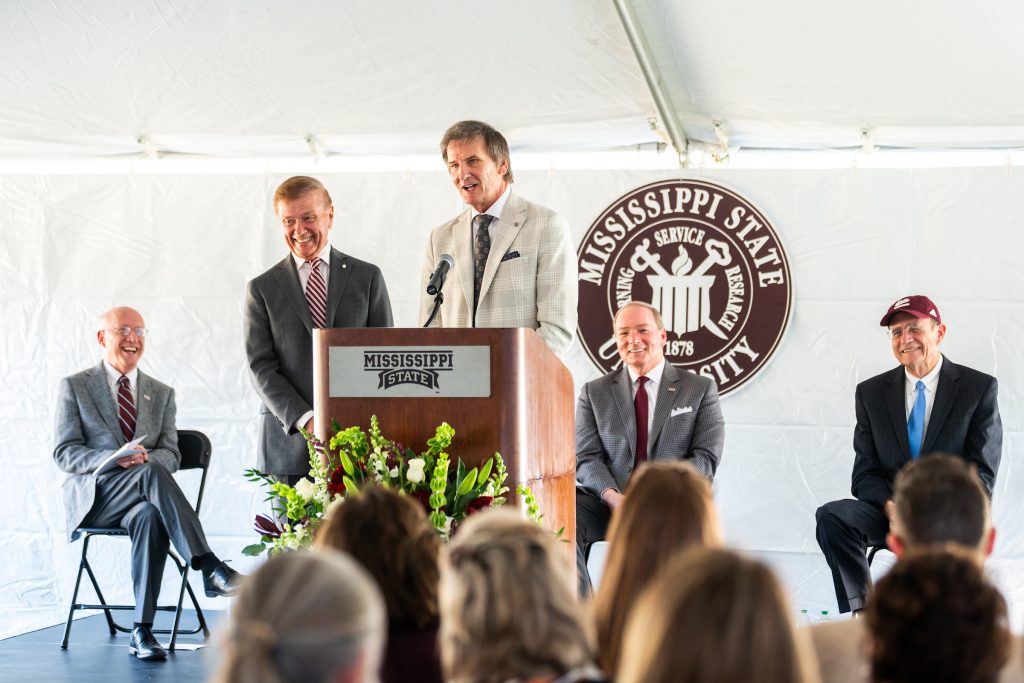 Tommy, left, and Jim Duff of Columbia gave remarks Wednesday [Nov. 5] during Mississippi State’s dedication ceremony for the Jim and Thomas Duff Center. The brothers’ generous cornerstone gift made the state-of-the-art facility possible, and the Duff Center now is home of the university’s Department of Kinesiology and key programs of the university’s Mississippi Institute on Disabilities. The brothers emphasized that while many people have thanked them, they also appreciate those working to help others and impact the entire state of Mississippi through the important work housed within the College of Education building. (Photo by Grace Cockrell)