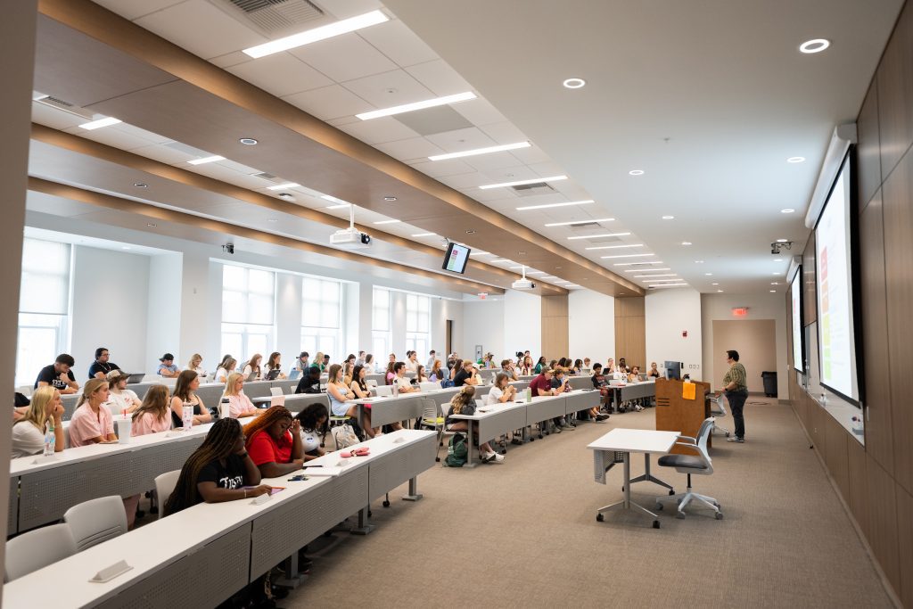 Students attend classes in the new Jim and Thomas Duff Center at MSU on the first day of the fall 2025 semester. (Photo by Grace Cockrell)