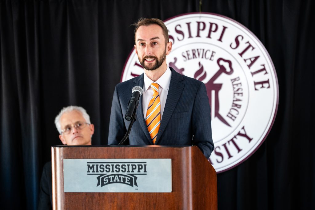 Dr. François-René Bertin, inaugural director of the Nancy Fair Link Laminitis Research Center at Mississippi State University’s College of Veterinary Medicine, speaks during a groundbreaking ceremony Nov. 10 as Dr. Nicholas Frank, CVM dean, listens to the remarks. MSU is assembling a world-class team of specialists as part of the fight against the painful and debilitating equine disease. (Photo by Grace Cockrell)