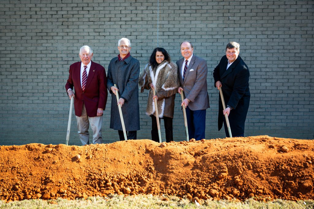 Celebrating Monday’s [Nov. 10] groundbreaking ceremony for the Nancy Fair Link Laminitis Research Center at Mississippi State University's College of Veterinary Medicine are, from left, MSU Alumnus Richard Adkerson, College of Veterinary Medicine Dean Nicholas Frank, Nancy Link, MSU President Mark E. Keenum, and MSU Foundation President and CEO John Rush. Link’s gift is establishing a world-class research center dedicated to combating laminitis, a debilitating equine disease that causes severe pain for affected horses. (Photo by Grace Cockrell)