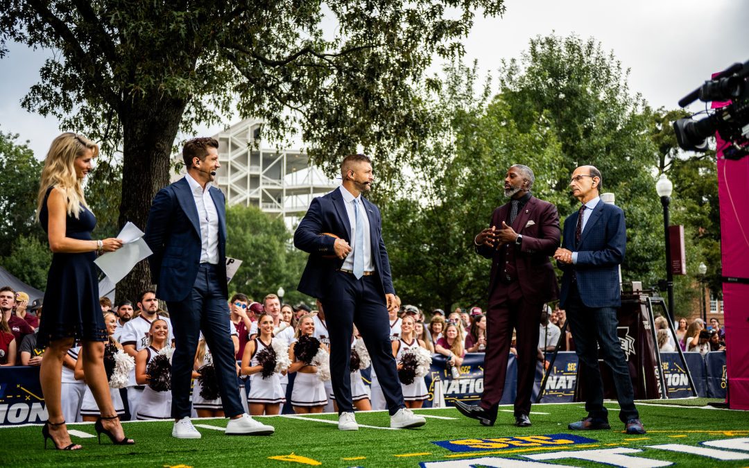SEC Nation analysts talk during a 2023 broadcast live from The Junction at Mississippi State. (Photo by Grace Cockrell)