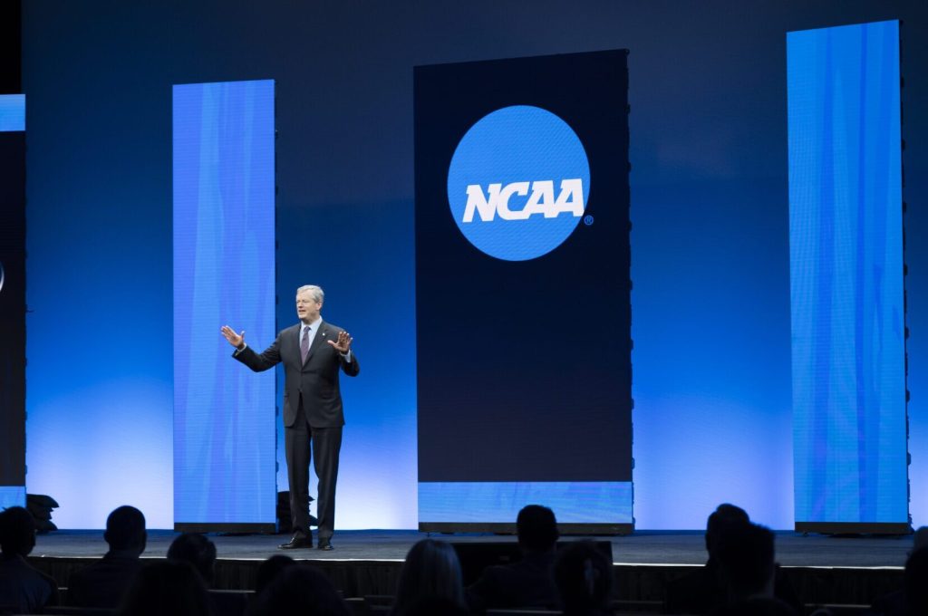 Incoming NCAA president Charlie Baker speaks during the NCAA Convention, Thursday, Jan. 12, 2023, in San Antonio. (AP Photo/Darren Abate)