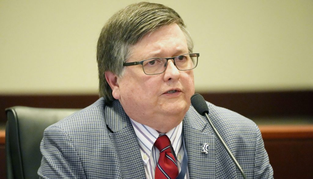 Mississippi State Health Officer Dr. Daniel Edney, addresses members of the Mississippi Joint Legislative Budget Committee during his budget presentation for the state Department of Health, Friday, Sept. 29, 2023, in Jackson, Miss. (AP Photo/Rogelio V. Solis)