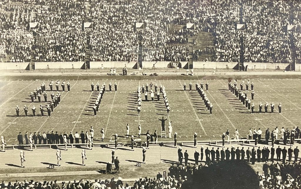 The Mississippi State Famous Maroon Band performs during a 1993 halftime show. The first collegiate marching band in Mississippi to earn the national Sudler Trophy, the FMB is the 2026 winner of the highest honor a collegiate marching band can receive. (MSU Archives)