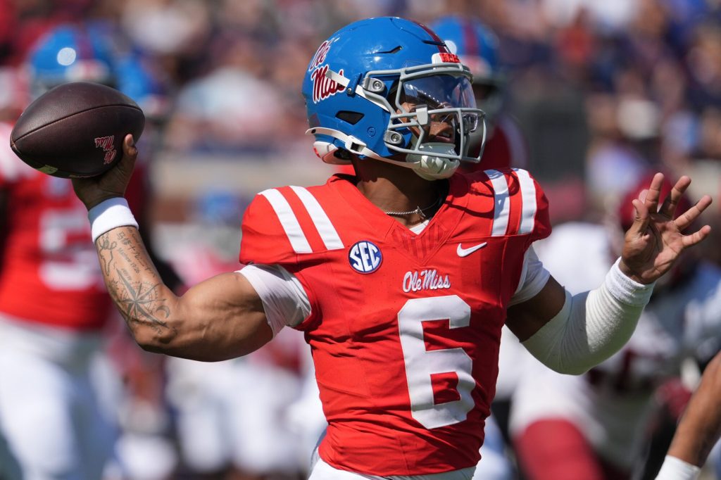 Mississippi quarterback Trinidad Chambliss (6) throws a pass during the first half of an NCAA college football game against Washington State, Saturday, Oct. 11, 2025, in Oxford, Miss. (AP Photo/Rogelio V. Solis)