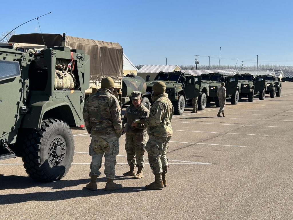 Soldiers from the 2nd Battalion, 198th Armored Regiment, stage vehicles and equipment at Camp McCain Training Center in Grenada, Mississippi, Jan. 27, 2026, in preparation for deployment to areas impacted by severe winter weather. The Mississippi National Guard is supporting emergency response operations in coordination with state and local partners. (U.S. Army National Guard photo by Sgt. 1 Class Shane Hamann)