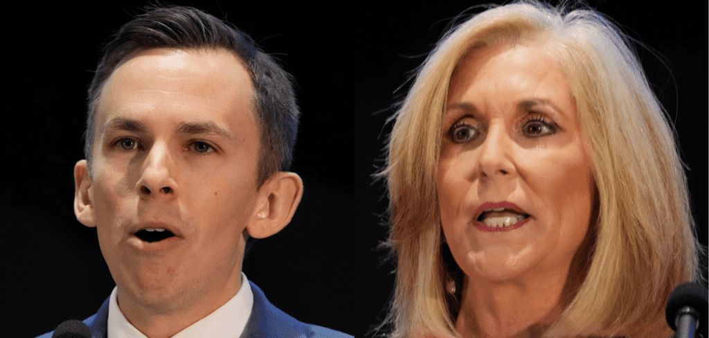 State Auditor Shad White (left) and Attorney General Lynn Fitch (right) speak at the Mississippi Economic Council in Jackson, Miss., Oct. 26, 2023. (AP Photo/Rogelio V. Solis, File)