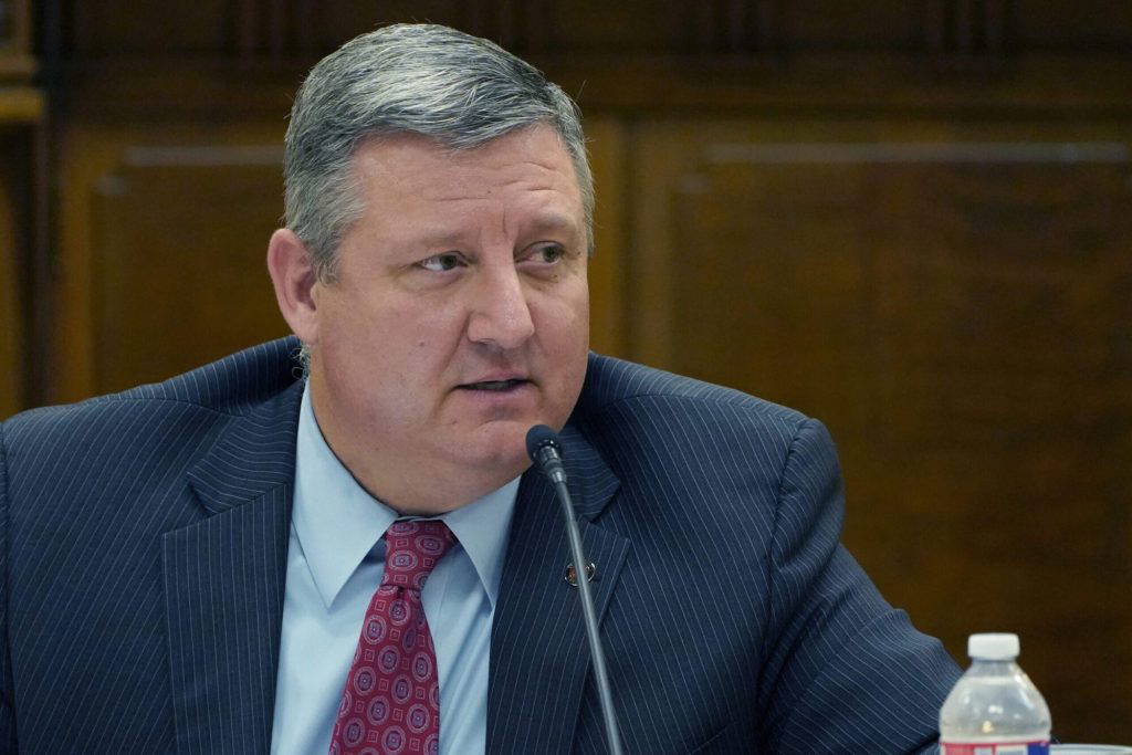 Senate Education Committee chairman Dennis DeBar Jr., R-Leakesville, addresses committee members during a teacher pay hearing at the Capitol in Jackson, Miss., Wednesday, Sept. 15, 2021. (AP Photo/Rogelio V. Solis)