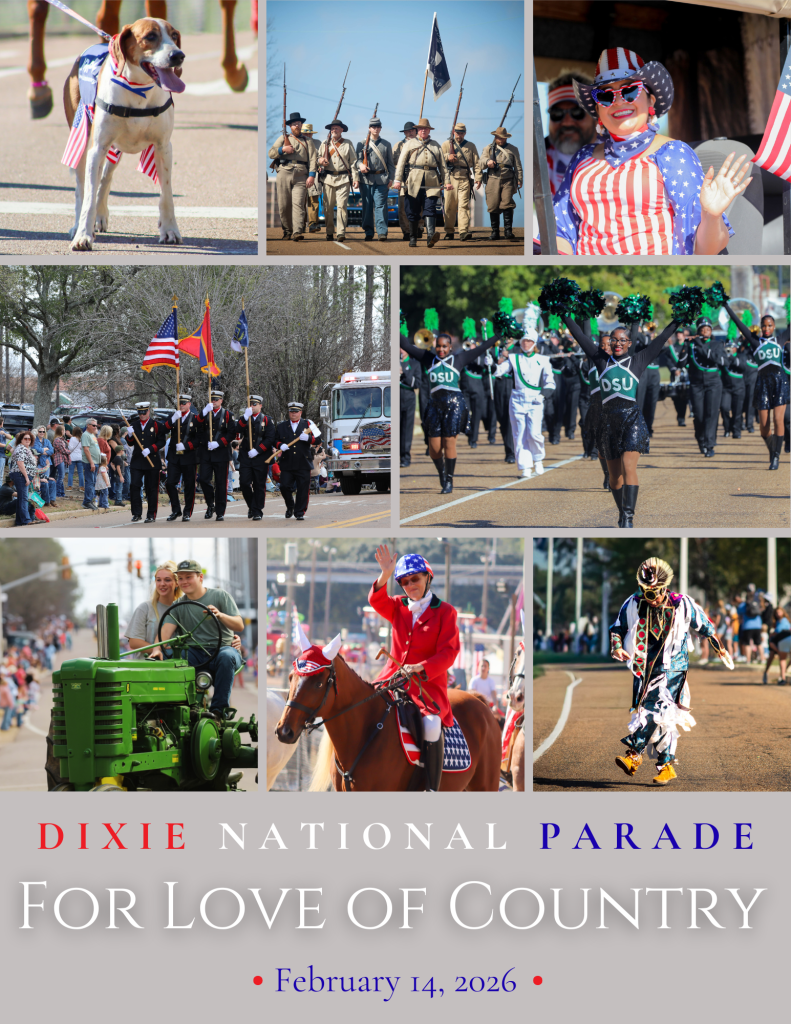 The 2026 Dixie National Parade will be held on Saturday, February 14, at 10:30 a.m. in downtown Jackson. The procession will include an array of rodeo queens, marching groups, decorative floats, car and tractor clubs, riding groups, the famous Dixie National Wagon Train and more!