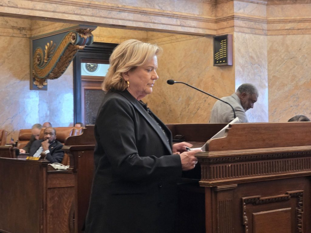 Rep. Becky Currie prepares to describe HB 1744 on the floor of the House of Representatives on Feb. 12. The bill aims for the creation of a comprehensive plan to provide care to state prison inmates who have Hepatitis C, HIV and a program to provide for the health of female inmates. (Photo by Jeremy Pittari | Magnolia Tribune)