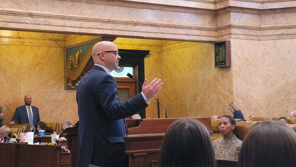 Representative Casey Eure addresses the House on his mobile sports betting bill during the 2024 session. (Photo Jeremy Pittari | Magnolia Tribune - 2024)