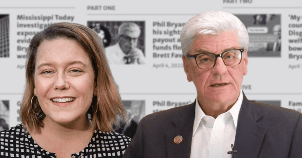 Mississippi Today CEO Mary Margaret White (left) and former Governor Phil Bryant (right)