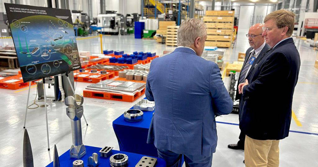 Governor Tate Reeves tours GA’s Tupelo, MS site with Scott Forney, President of GA-EMS, and Pete Rinaldi, VP of Manufacturing Operations. The visit highlighted GA’s role in advancing directed energy and space-based Missile Warning & Tracking technologies (Photo from General Atomics)