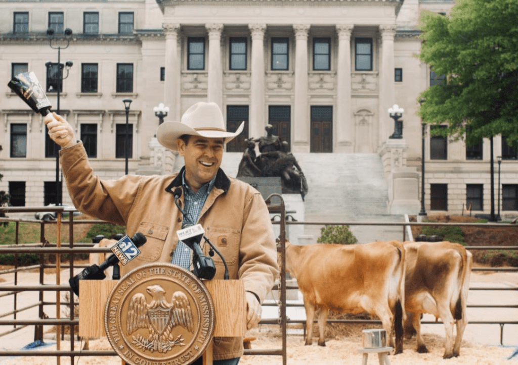 Ag Commissioner Andy Gipson at the cow milking event at the Mississippi Capitol, March 2026 (Photo from Gipson's Facebook page)
